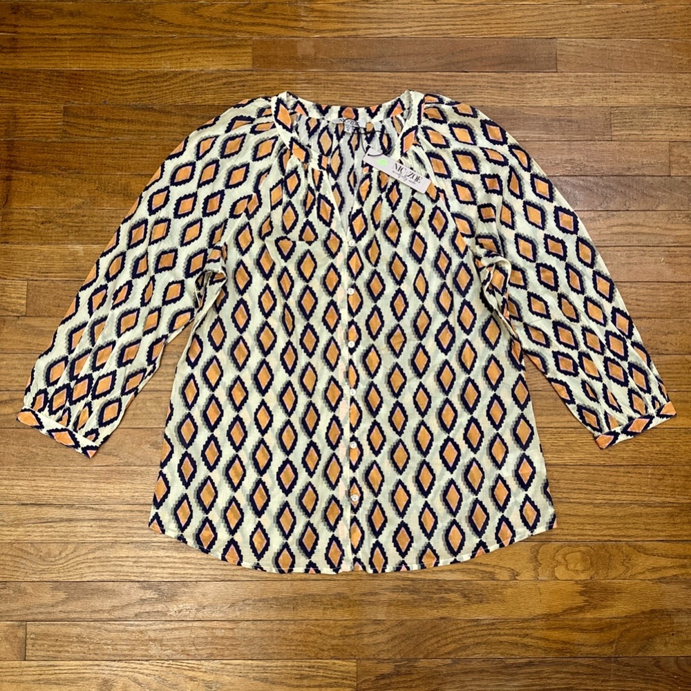 Nic + Zoe Falling Diamonds Top Sz Small Cotton Orange Blue Button Up NEW $158